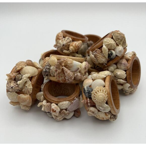 Set 8 Vtg Mixed Sea Shell Wood Napkin Rings Beach Ocean Nautical Boho - Picture 6 of 12